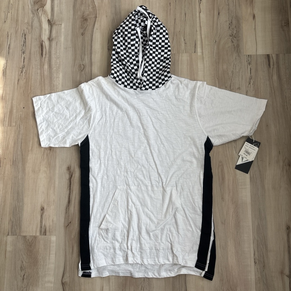White Short Sleeve Hoodie with Checkered Hood